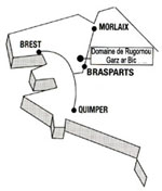 ... A Rennes, prendre la direction de Morlaix, Brest...
Arriv  Morlaix, prendre la D785 en direction de Braspart, Quimper.

1 kilomtre avant l'entre du bourg de Braspart,  la vue d'un grand panneau jaune, tourner  droite. le domaine se trouve au bout du chemin.